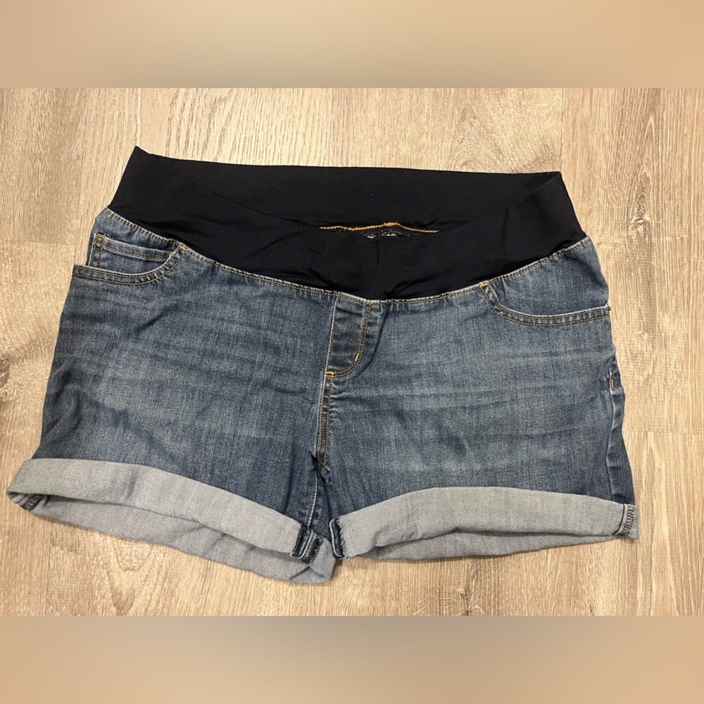 Liz Lange Blue Denim Maternity Jean Shorts with Black Waistband